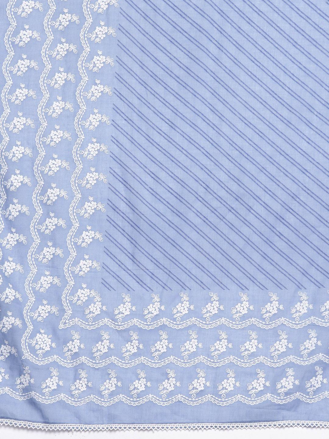 Blue Printed Cotton A-Line Kurta With Dupatta