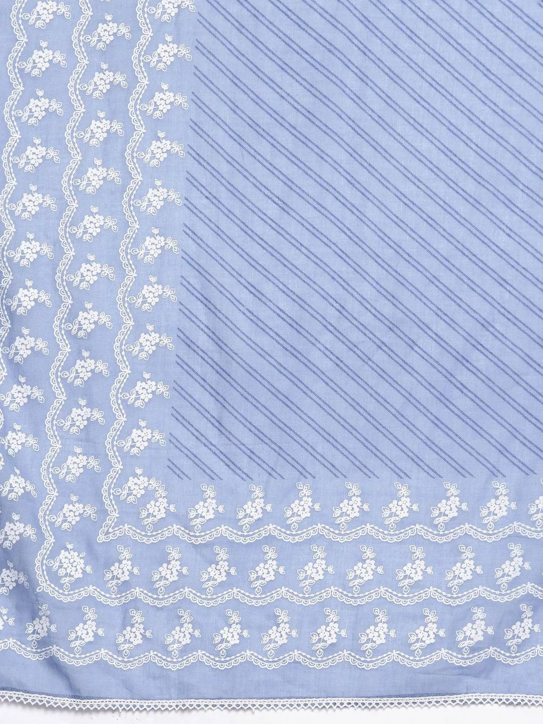 Blue Printed Cotton A-Line Suit Set With Trousers - Libas 