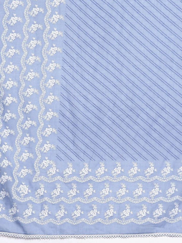 Blue Printed Cotton A-Line Suit Set With Trousers - Libas