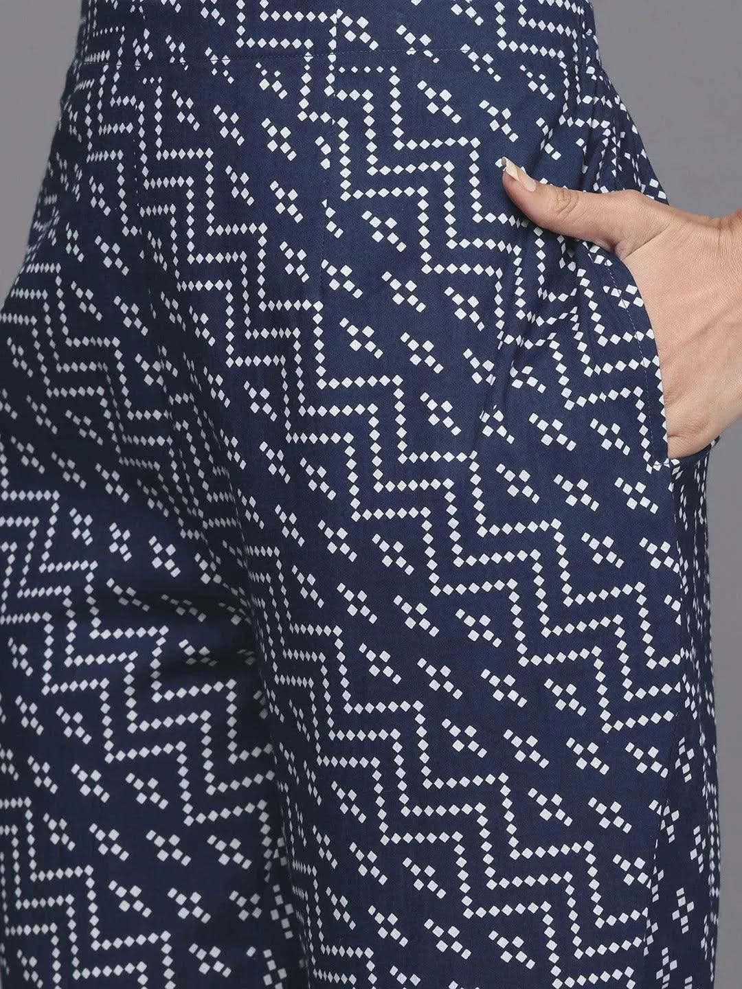 

Blue Printed Cotton A-Line Kurta With Dupatta