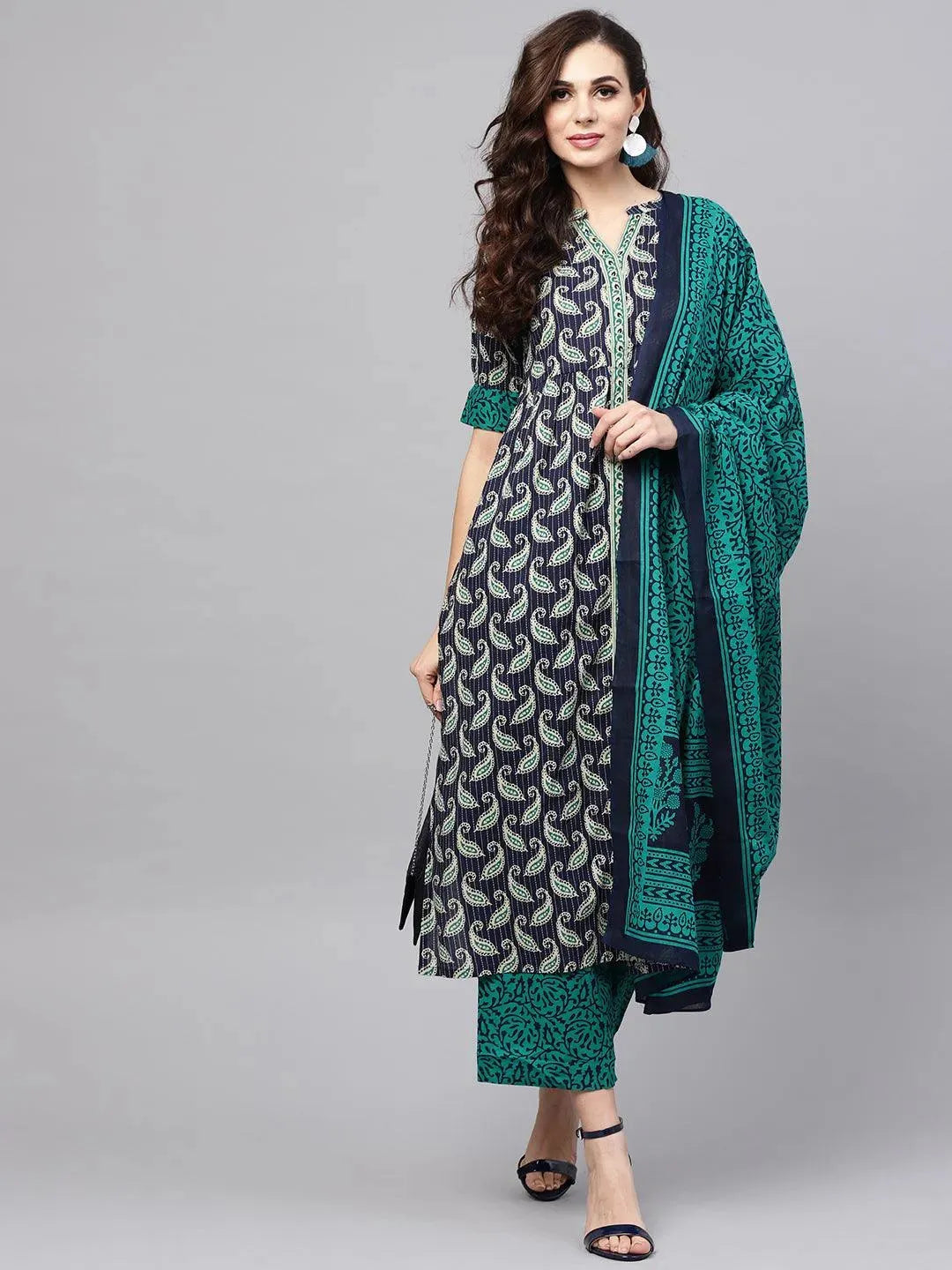 Blue Printed Cotton Suit Set - Libas