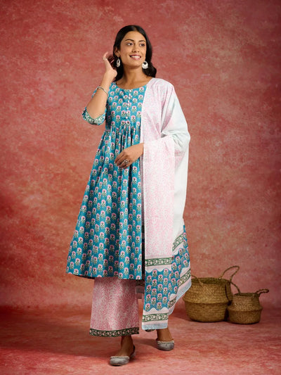 Blue Printed Cotton A-Line Kurta With Palazzos & Dupatta - Libas