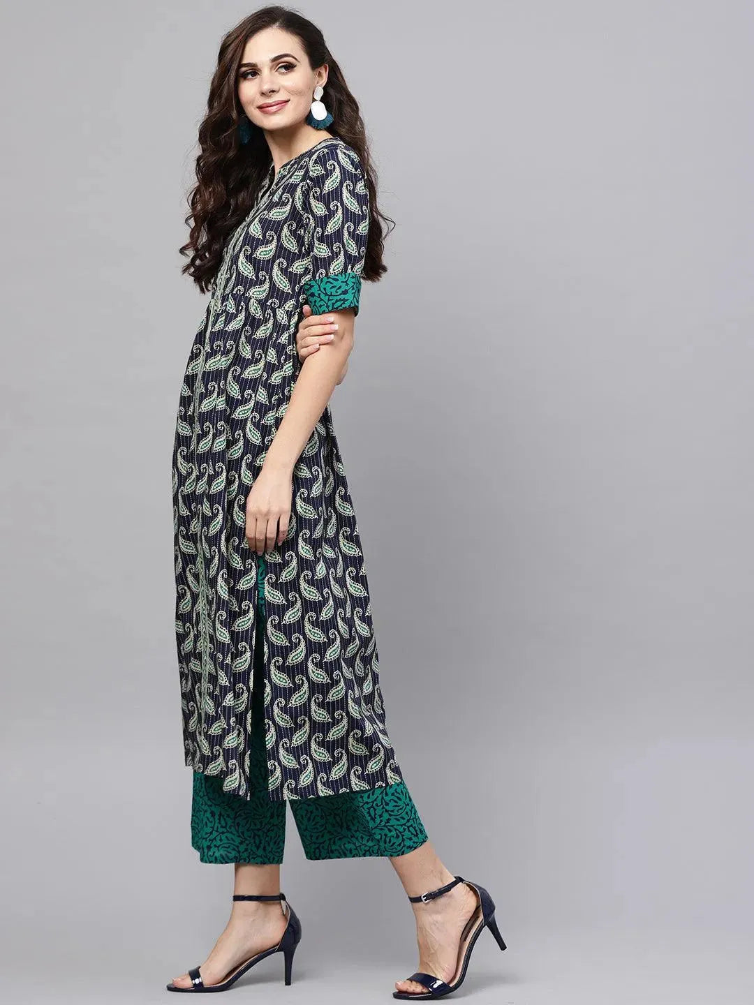 

Blue Printed Cotton A-Line Kurta With Palazzos & Dupatta