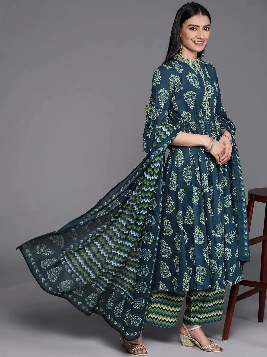 Blue Printed Cotton Suit Set - Libas 