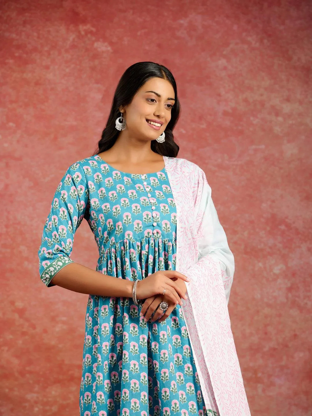 Blue Printed Cotton A-Line Kurta With Palazzos & Dupatta - Libas 