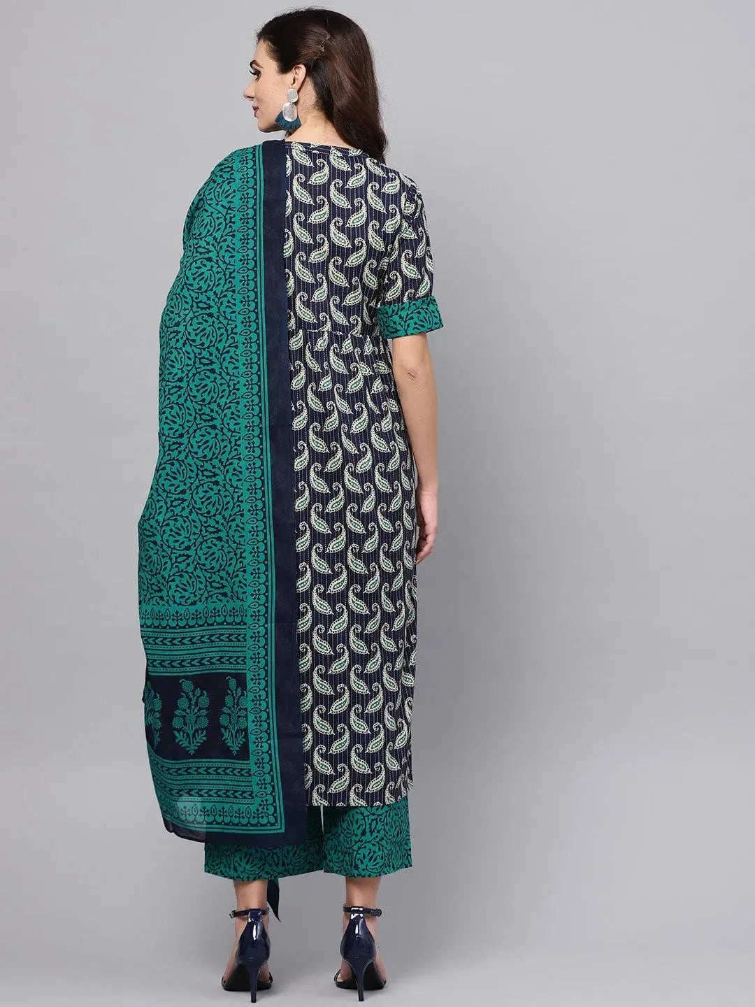 Blue Printed Cotton Suit Set - Libas 