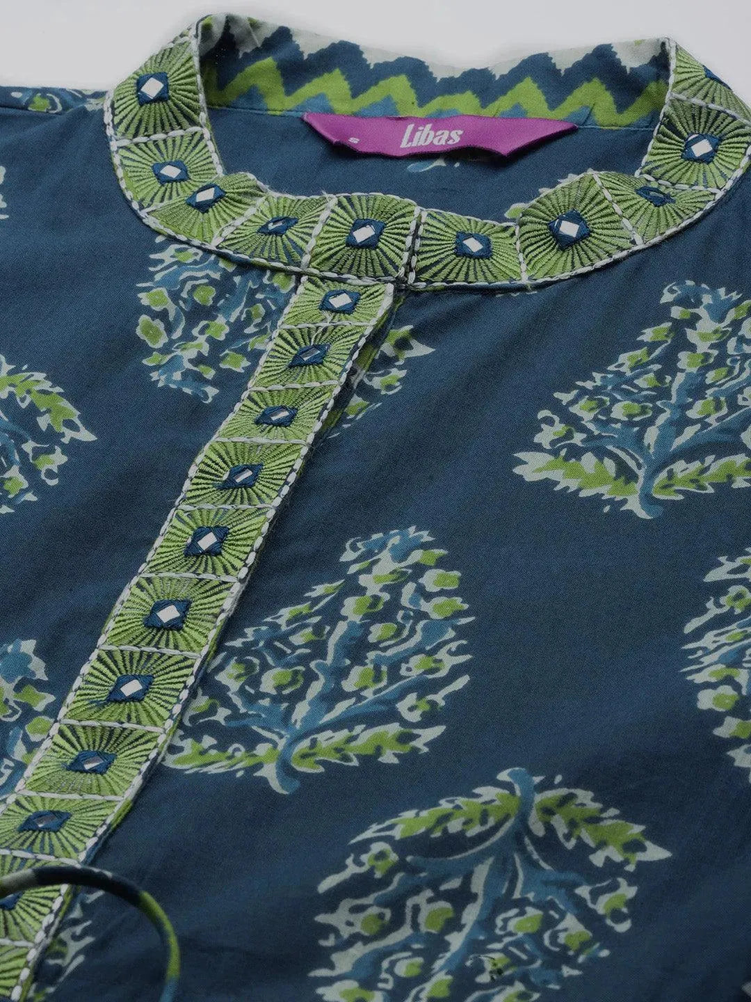 Blue Printed Cotton Suit Set - Libas 