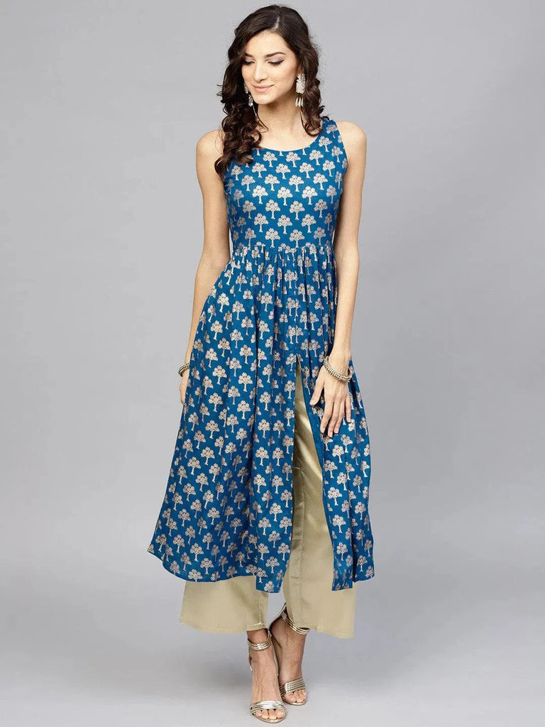 Libas Blue Printed Cotton A-Line Kurta With Palazzos