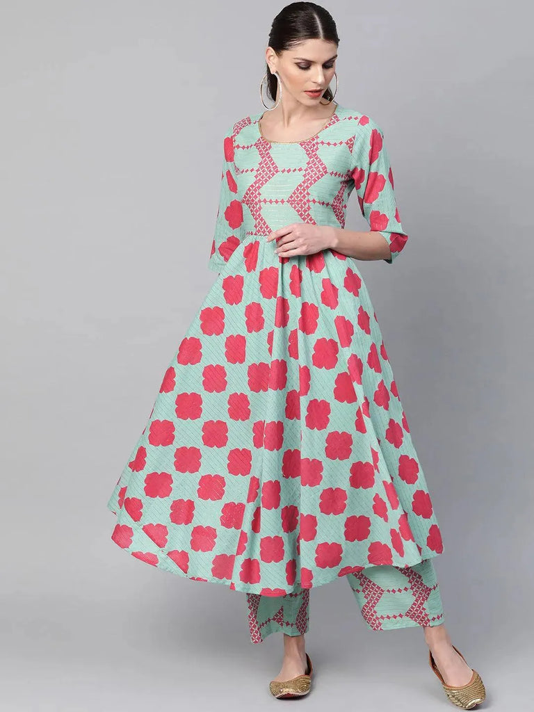 Libas Blue Printed Cotton A-Line Kurta With Palazzos