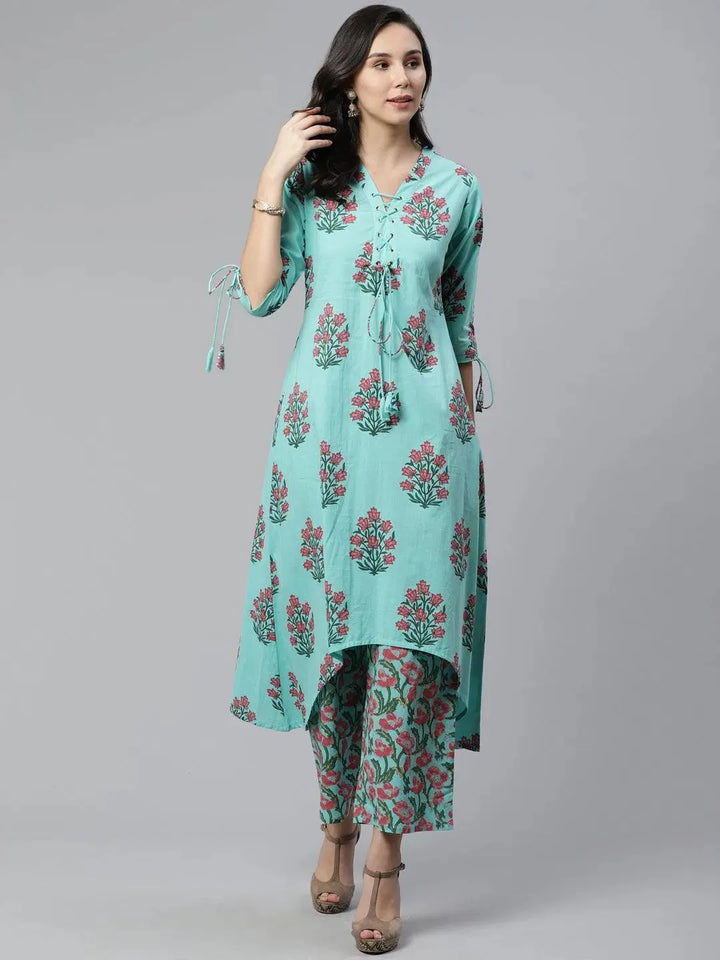 Blue Printed Cotton Kurta Set - Libas