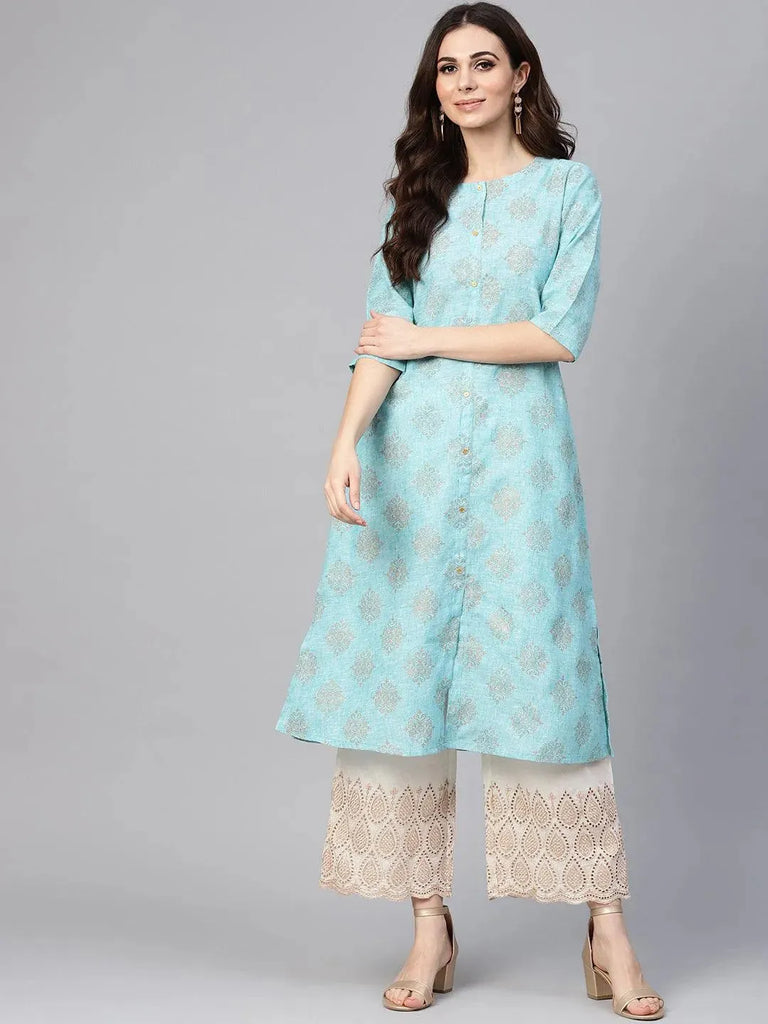 Libas Blue Printed Cotton A-Line Kurta With Palazzos