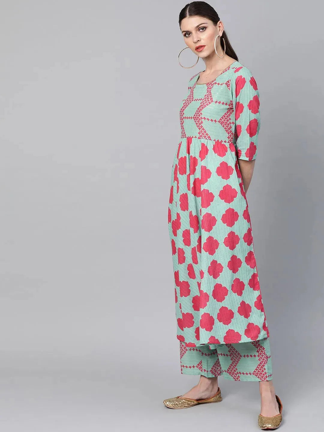 

Blue Printed Cotton A-Line Kurta With Palazzos