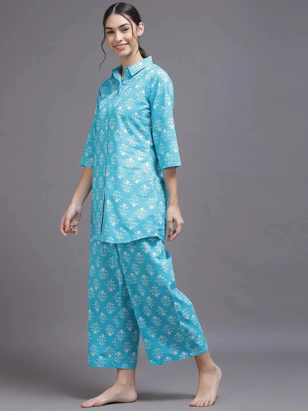 Blue Printed Cotton Night Suit - Libas