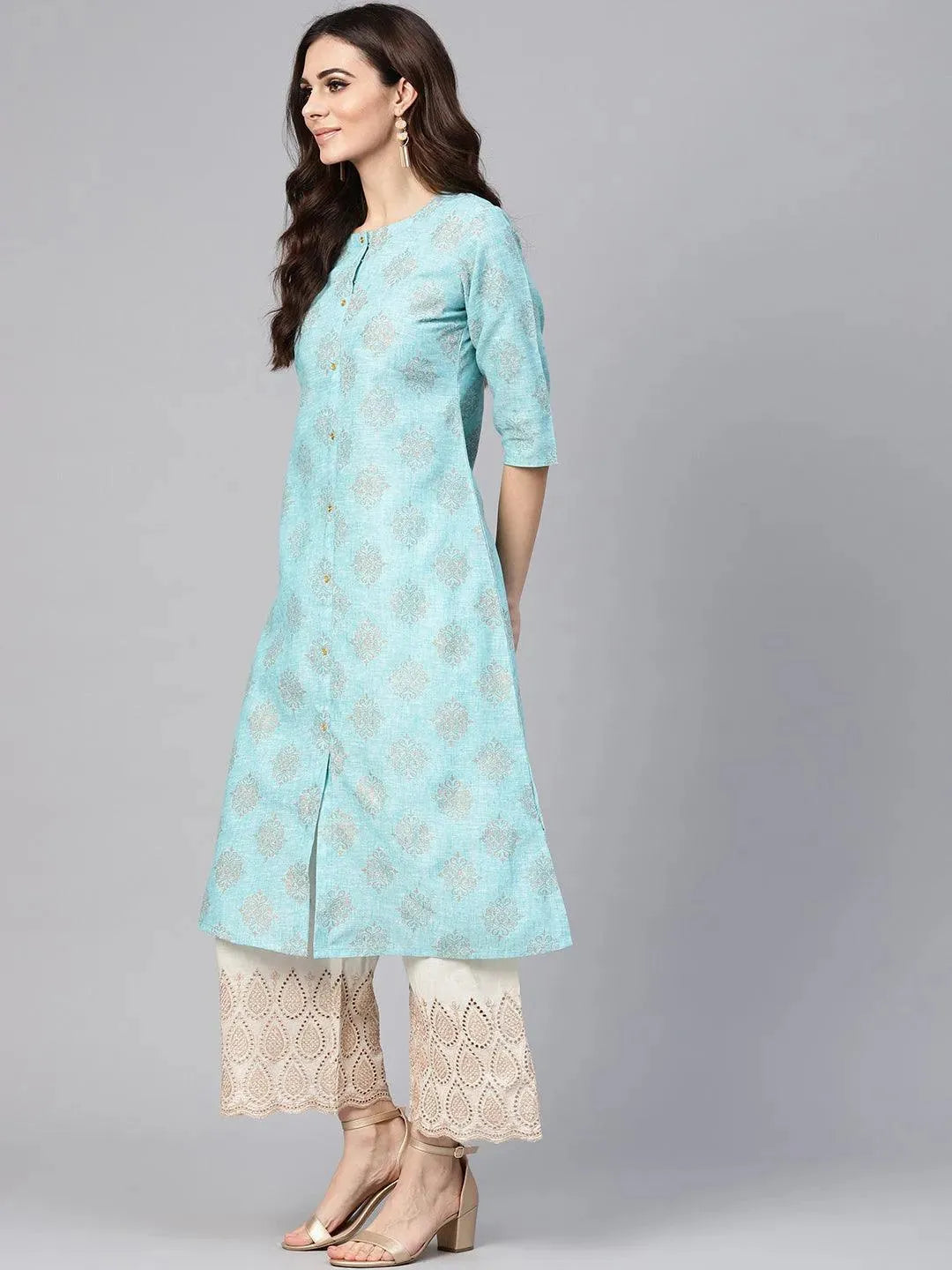 Blue Printed Cotton Kurta Set - Libas