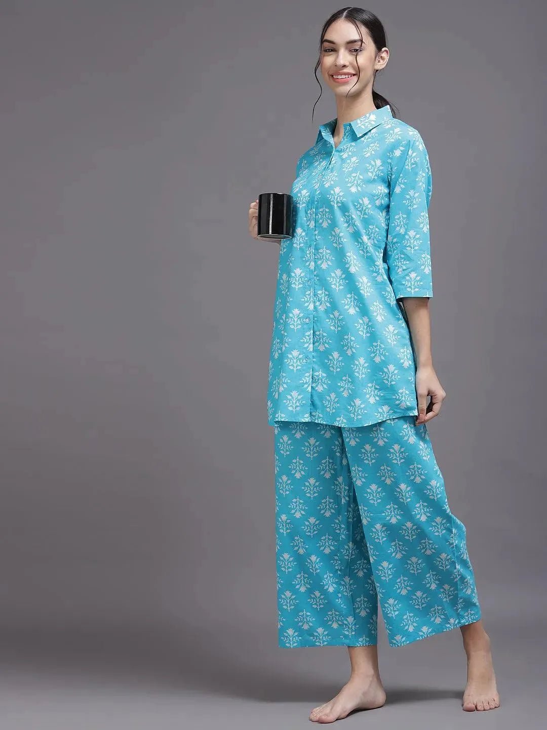 Blue Printed Cotton Night Suit - Libas 