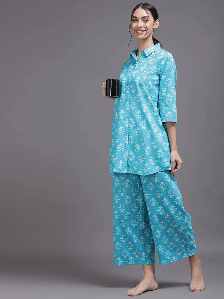 Blue Printed Cotton Night Suit - Libas