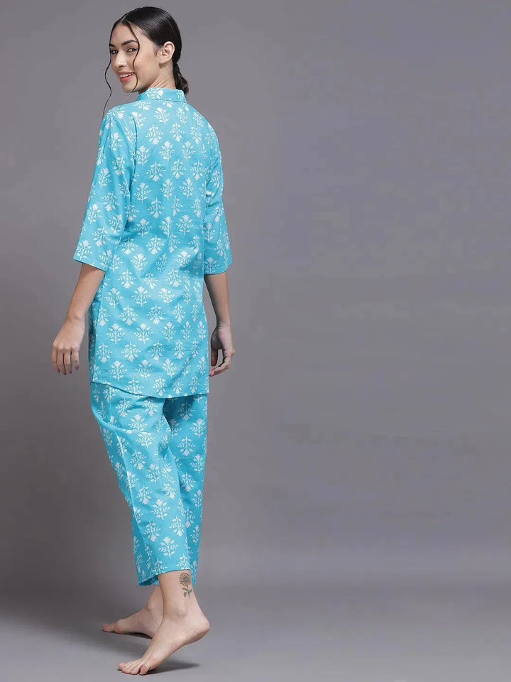 Blue Printed Cotton Night Suit - Libas