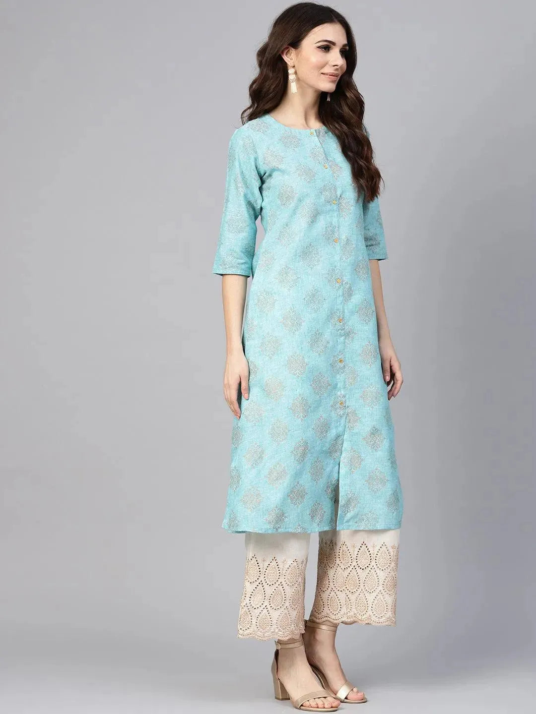 Blue Printed Cotton Kurta Set - Libas 