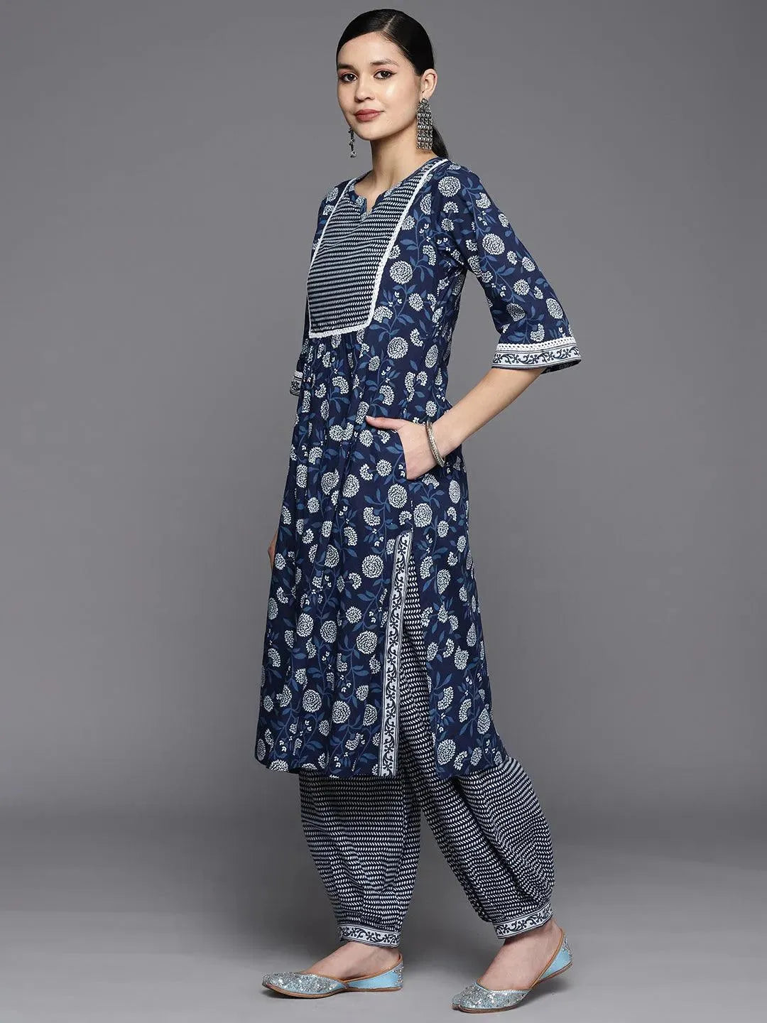 Blue Printed Cotton A-Line Kurta Set With Salwar - Libas 