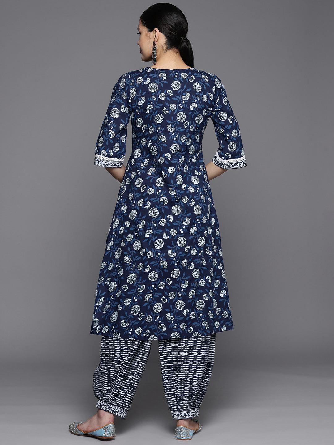 Blue Printed Cotton A-Line Kurta With Salwar