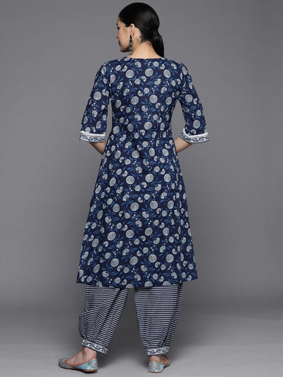 Blue Printed Cotton A-Line Kurta Set With Salwar - Libas