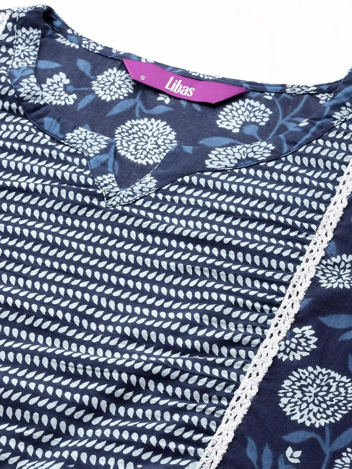 Blue Printed Cotton A-Line Kurta Set With Salwar - Libas