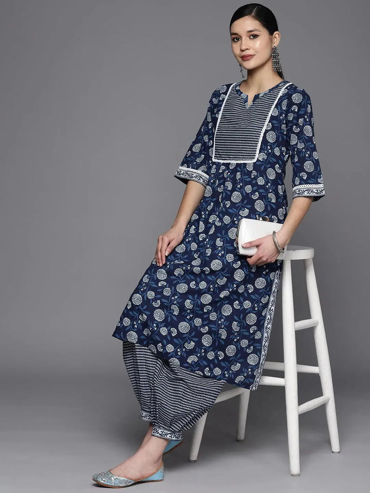 Blue Printed Cotton A-Line Kurta Set With Salwar - Libas