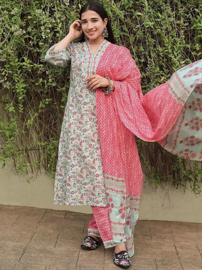 Blue Printed Cotton A-Line Kurta With Trousers & Dupatta - Libas