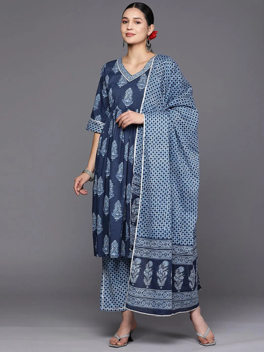 Blue Printed Cotton A-Line Suit Set With Trousers - Libas 