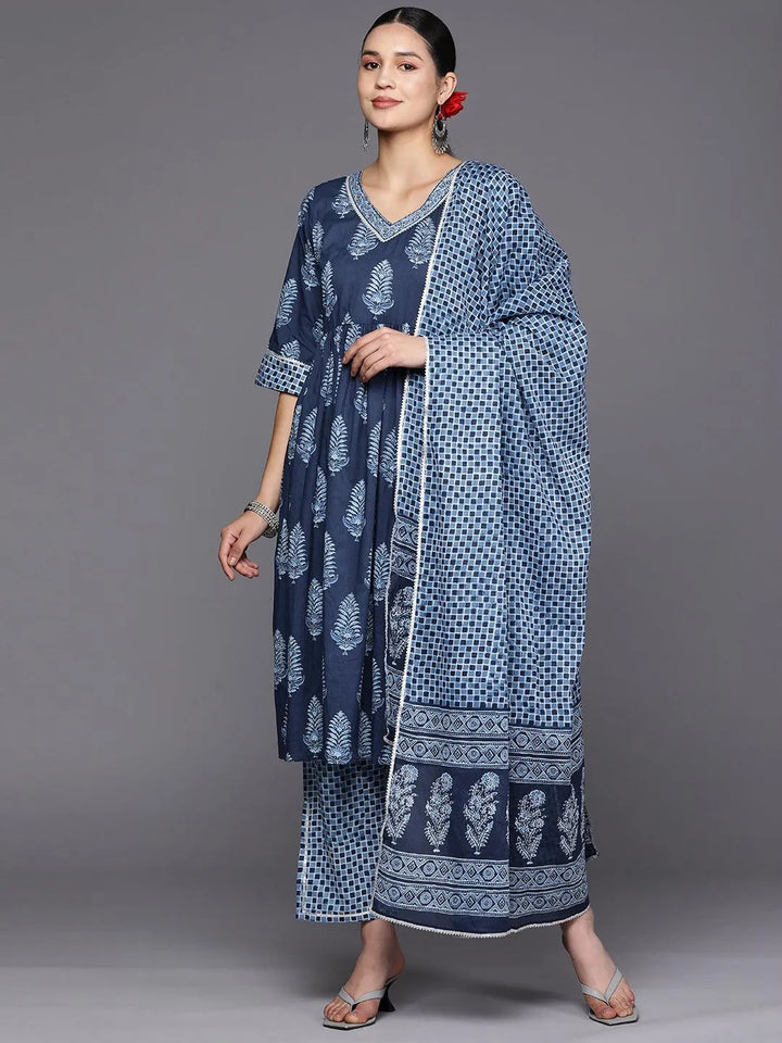 Blue Printed Cotton A-Line Suit Set With Trousers - Libas