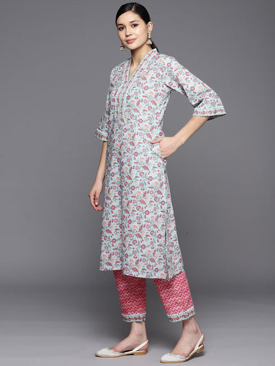 Blue Printed Cotton A-Line Suit Set With Trousers - Libas
