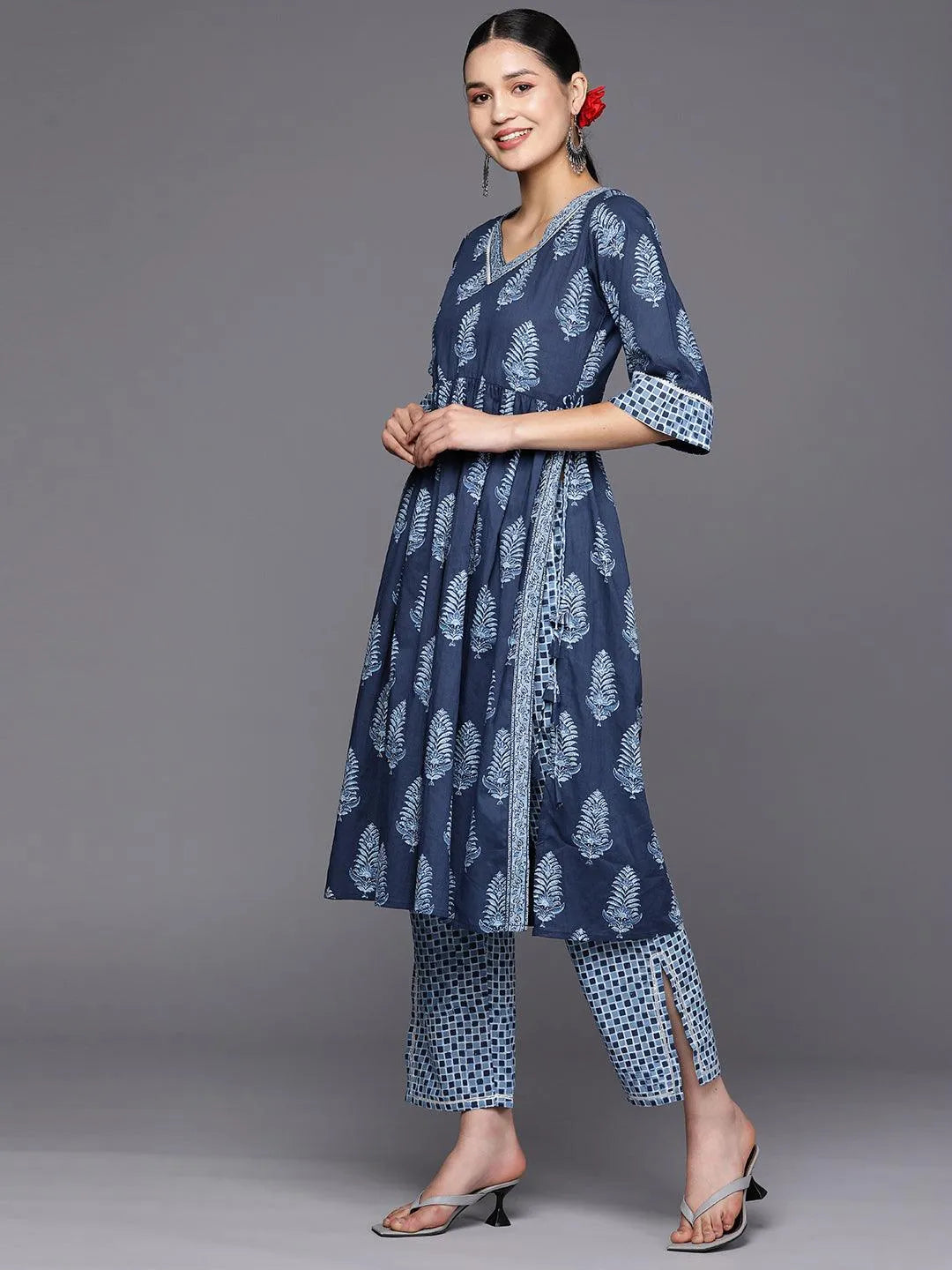 Blue Printed Cotton A-Line Suit Set With Trousers - Libas 