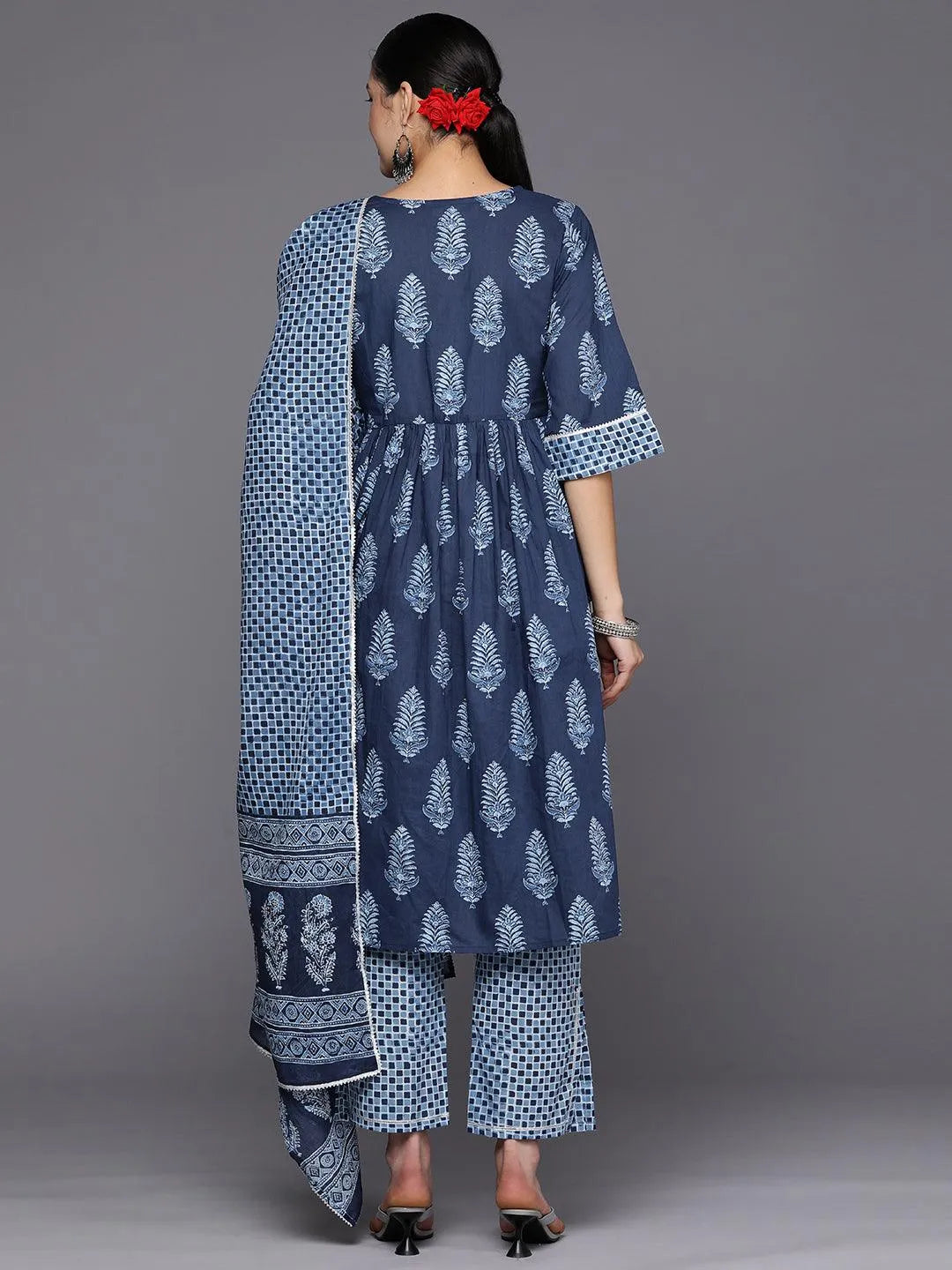 Blue Printed Cotton A-Line Suit Set With Trousers - Libas