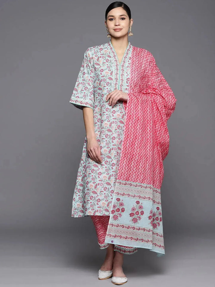 Blue Printed Cotton A-Line Suit Set With Trousers - Libas