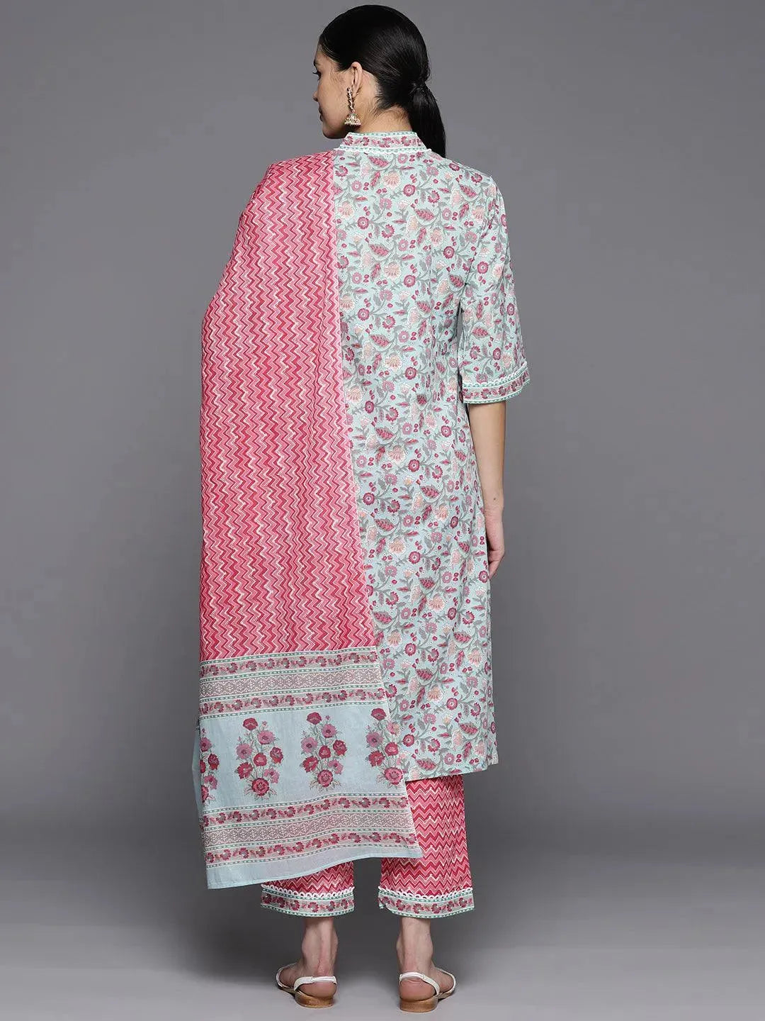 Blue Printed Cotton A-Line Suit Set With Trousers - Libas 