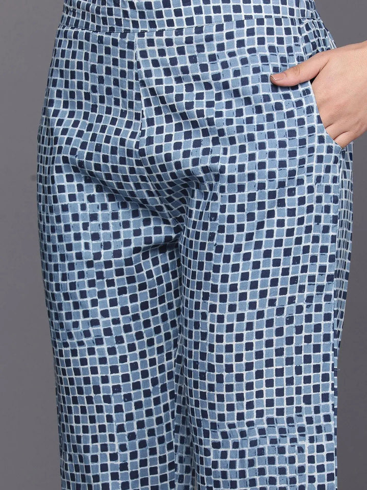 Blue Printed Cotton A-Line Suit Set With Trousers - Libas