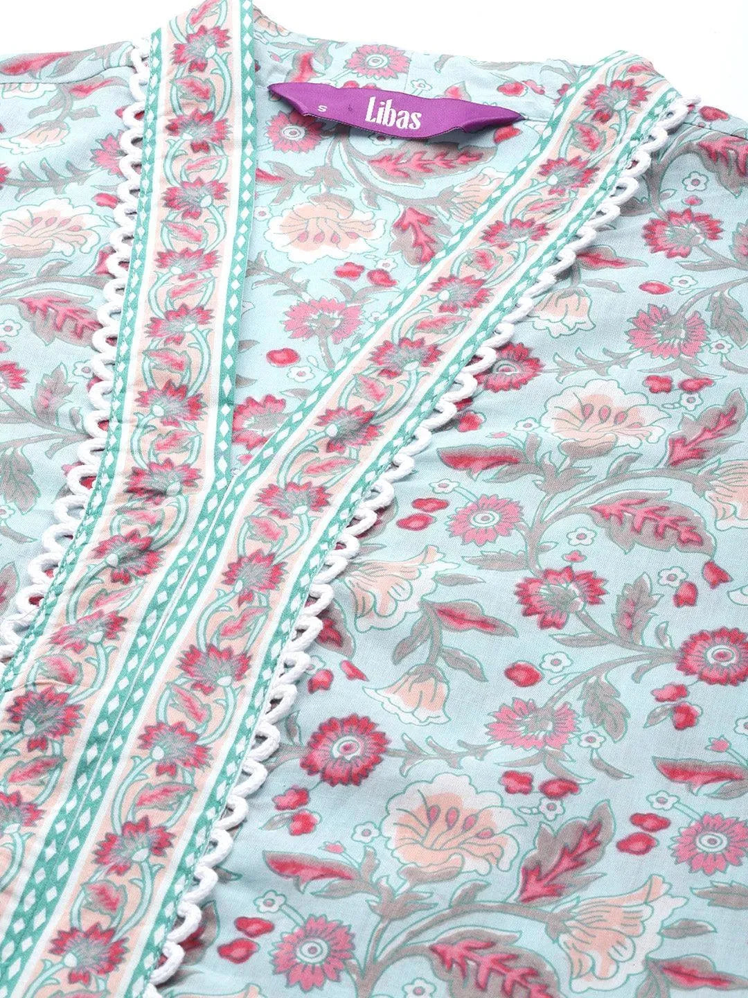 Blue Printed Cotton A-Line Suit Set With Trousers - Libas 