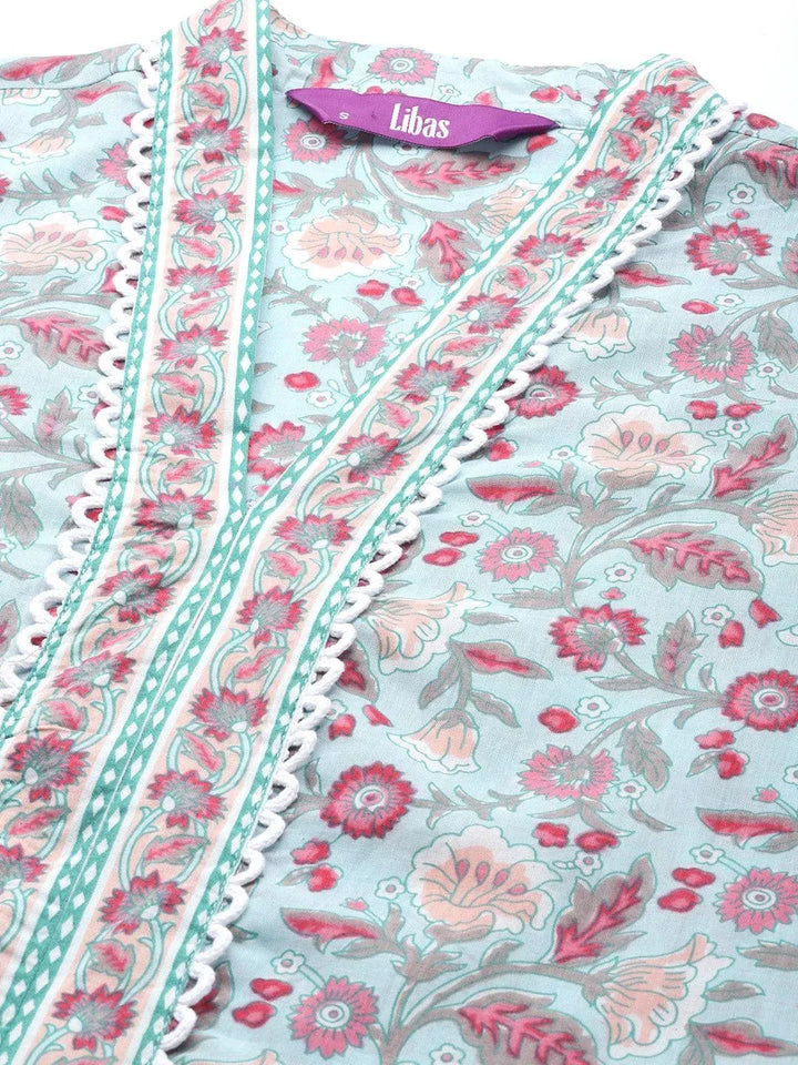 Blue Printed Cotton A-Line Suit Set With Trousers - Libas