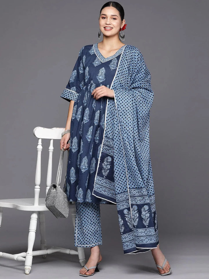 Blue Printed Cotton A-Line Suit Set With Trousers - Libas