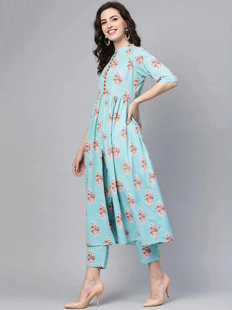 Libas Blue Printed Cotton A-Line Kurta With Trousers