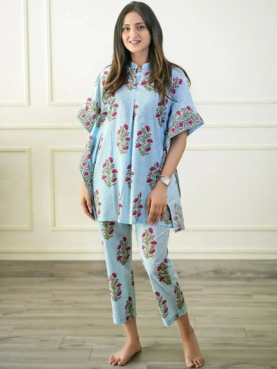 Blue Printed Cotton Night Suit - Libas