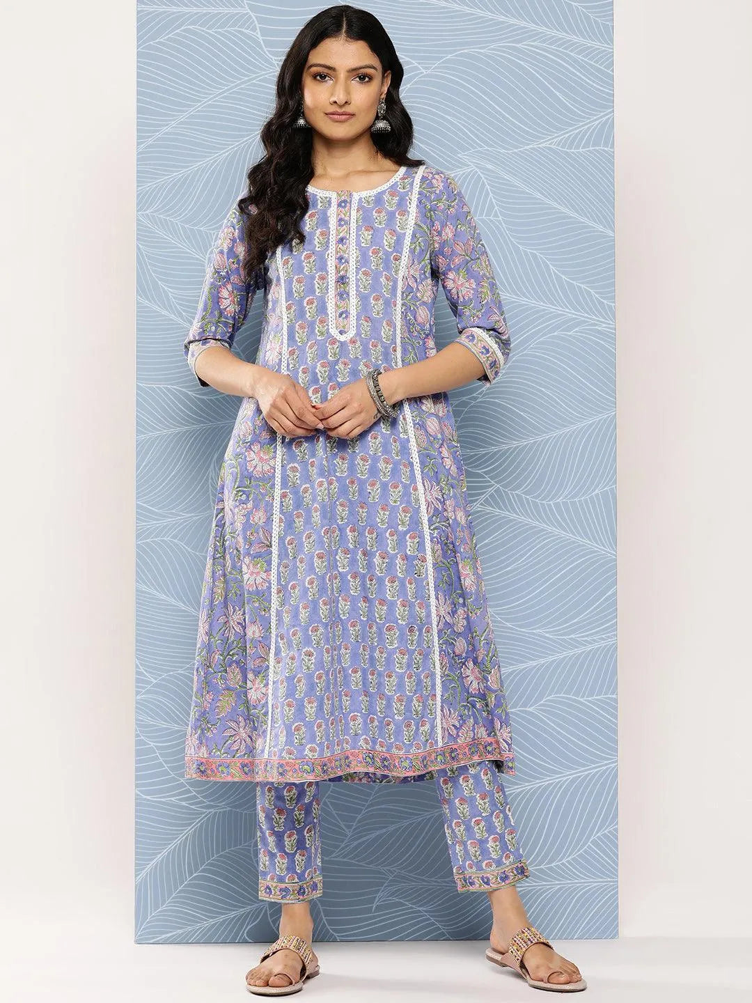 Blue Printed Cotton A-Line Kurta Set With Trousers - Libas 