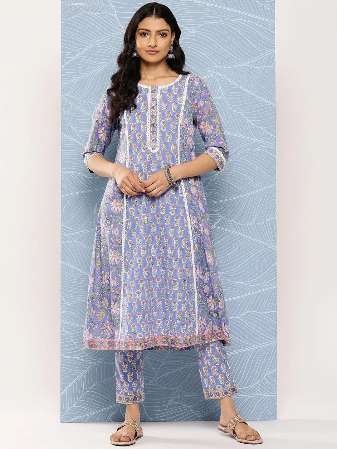 

Blue Printed Cotton A-Line Kurta With Trousers