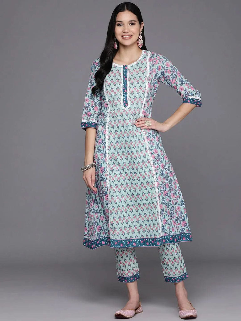 Libas Blue Printed Cotton A-Line Kurta With Trousers