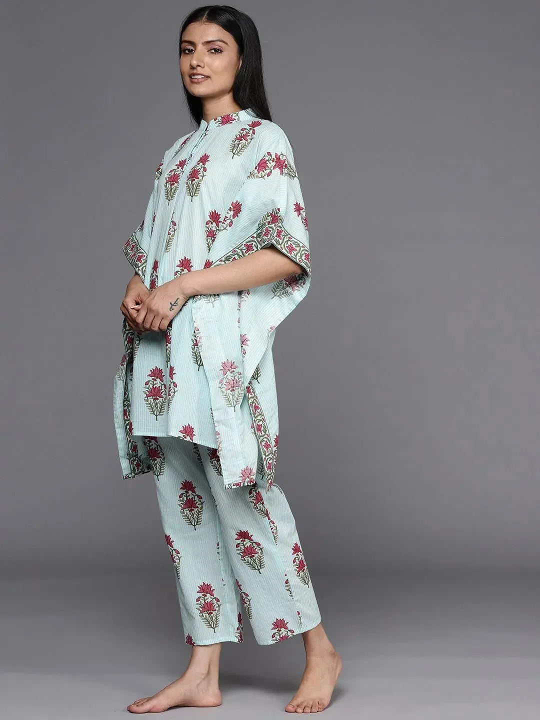 Blue Printed Cotton Kurta Set - Libas