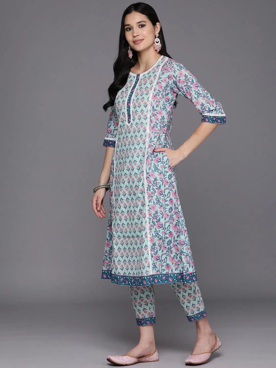 Blue Printed Cotton A-Line Kurta Set With Trousers - Libas 