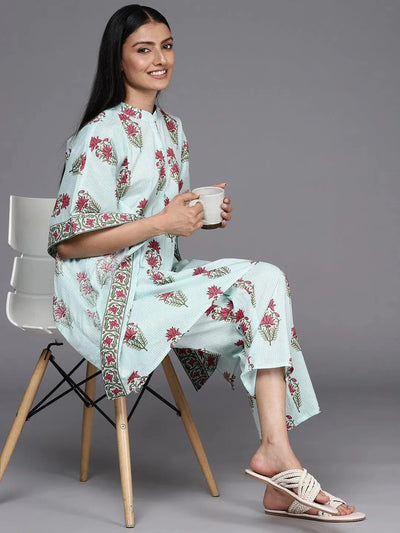 Blue Printed Cotton Kurta Set - Libas