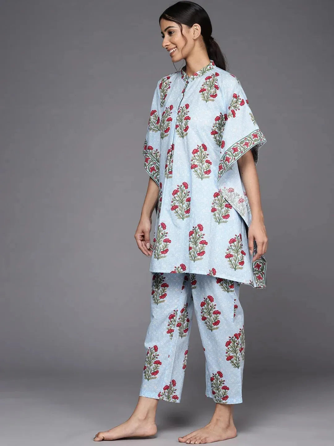 Blue Printed Cotton Night Suit - Libas