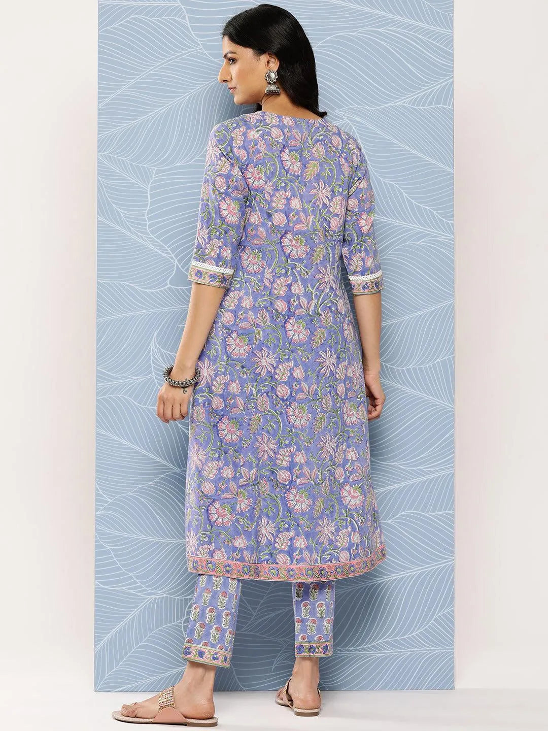 Blue Printed Cotton A-Line Kurta Set With Trousers - Libas 