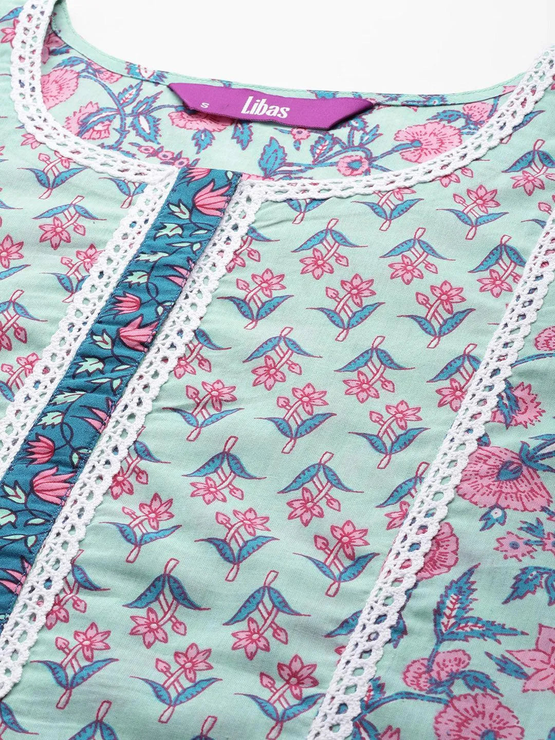 Blue Printed Cotton A-Line Kurta Set With Trousers - Libas 